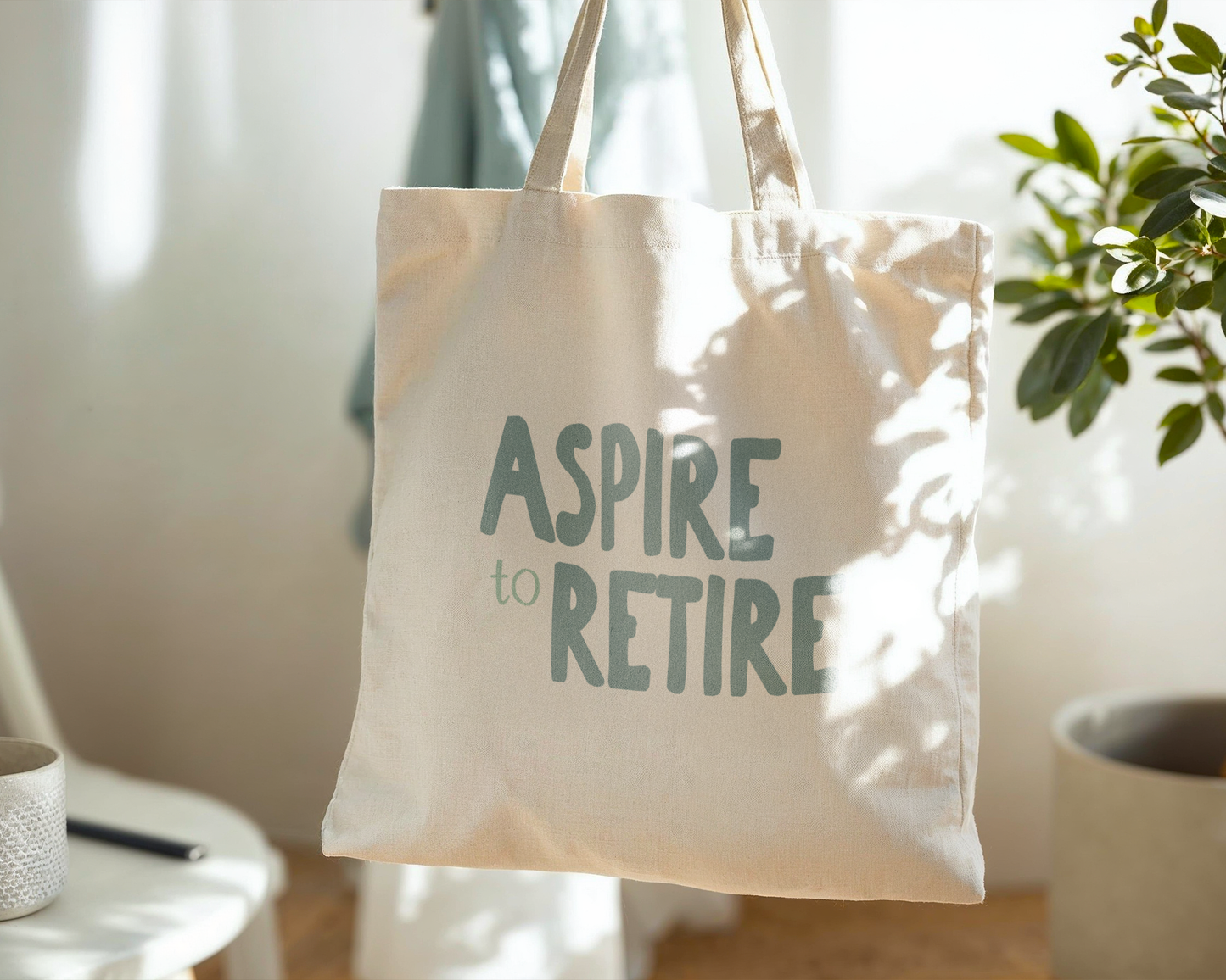 Aspire To Retire | Natural & Seafoam | Organic Cotton Tote Bag