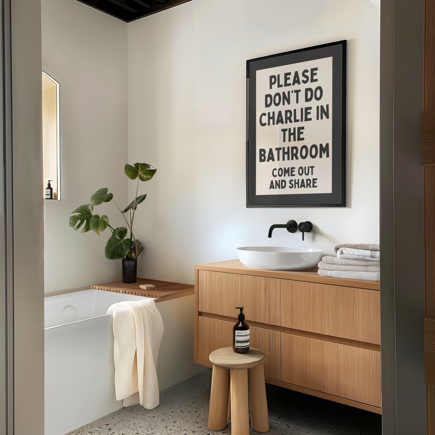 Please Don't Do Charlie In The Bathroom Come Out And Share | Charcoal and Cream | Art Print