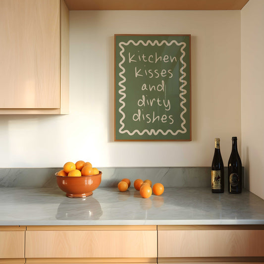 Kitchen Kisses And Dirty Dishes | Cream and Olive Green | Art Print