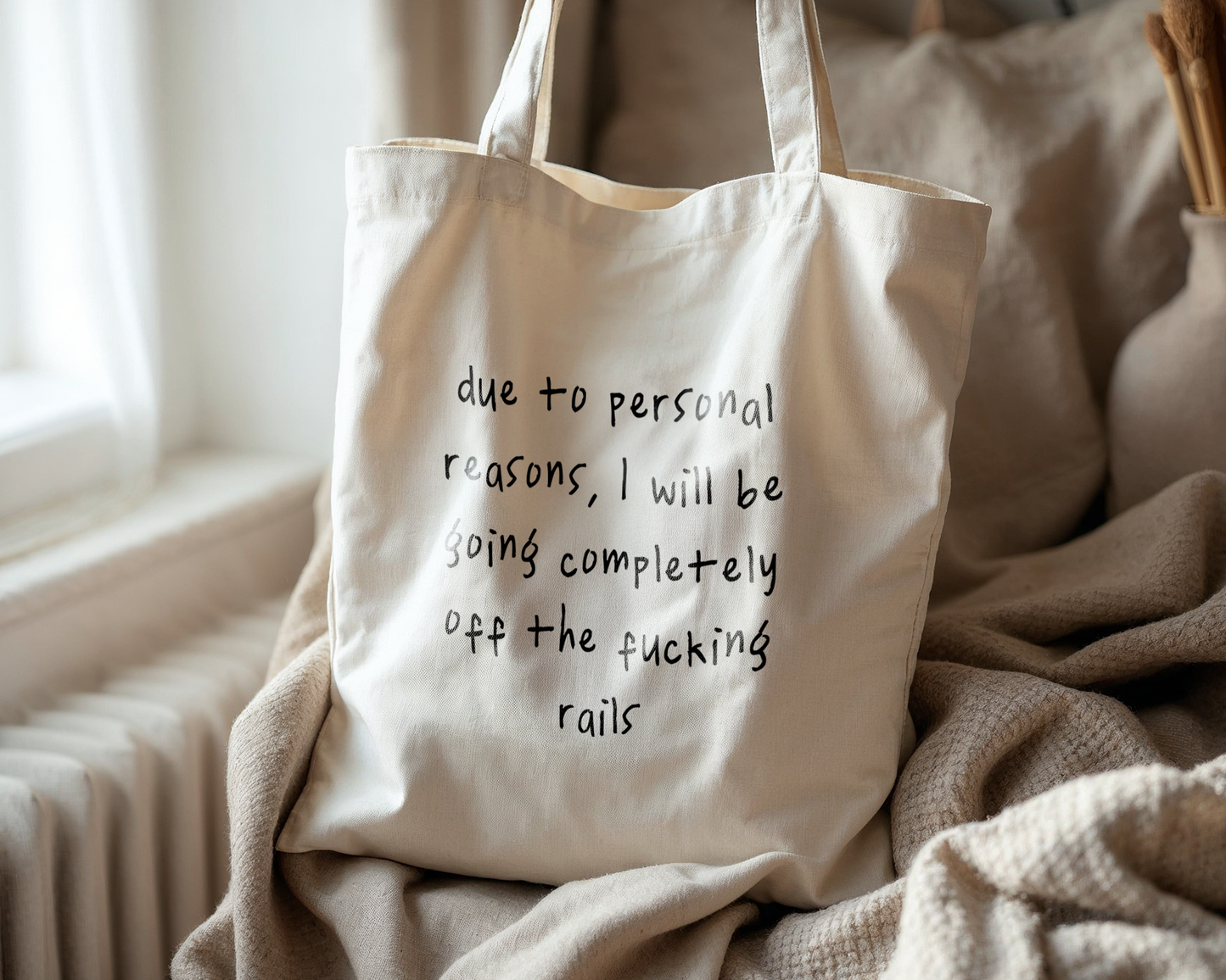 Due To Personal Reasons | Natural & Black | Organic Cotton Tote Bag