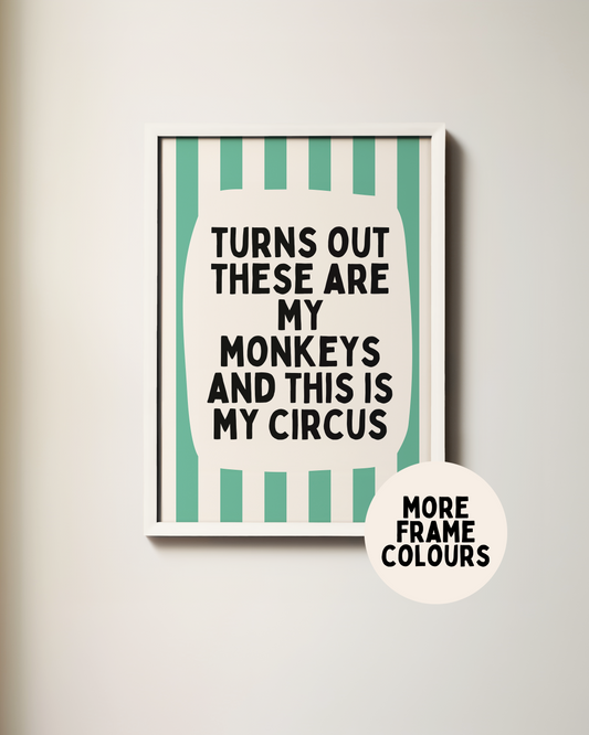 Framed | Turns Out These Are My Monkeys And This Is My Circus | Vivid Teal and Cream | Wall Art Print
