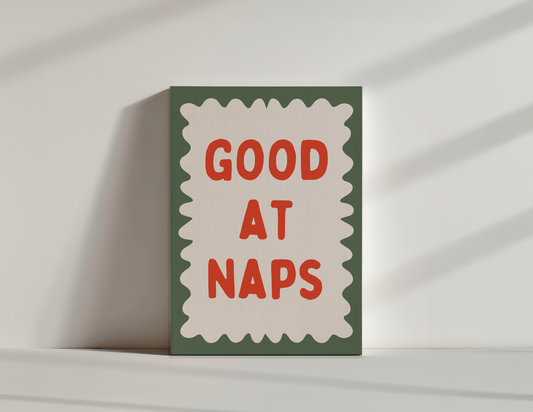 Good At Naps | Red and Olive Green | Canvas