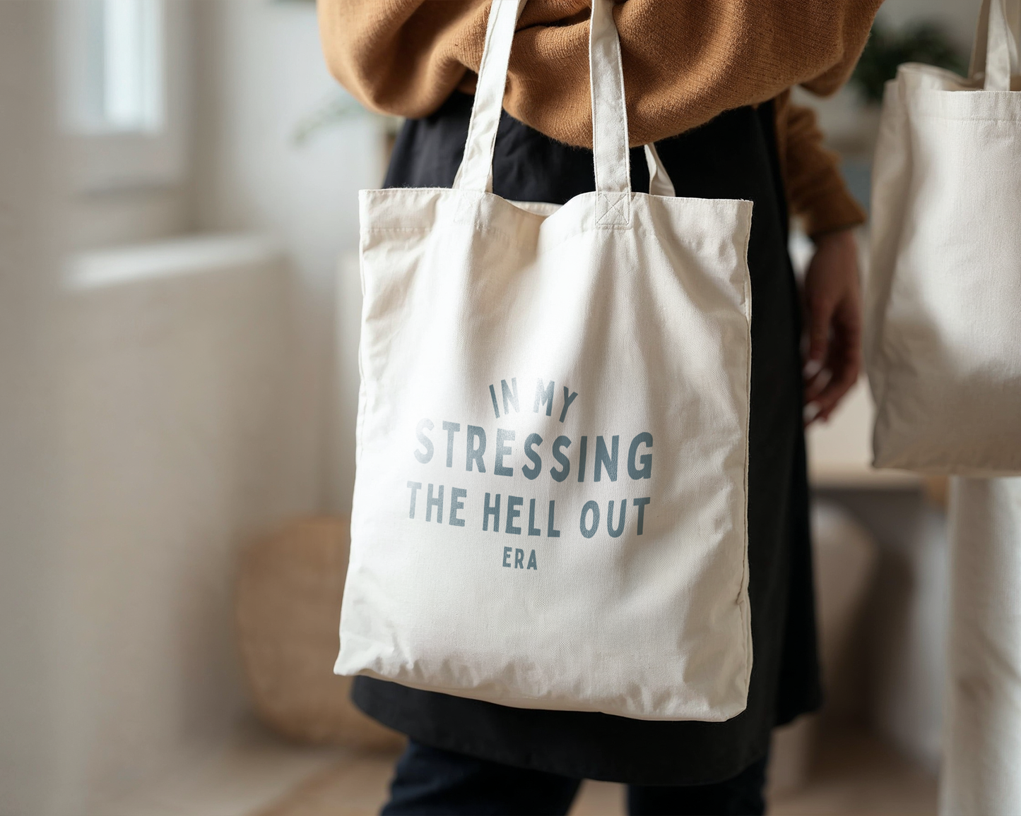 In My Stressing The Hell Out Era | Natural & Dusty Blue | Organic Cotton Tote Bag