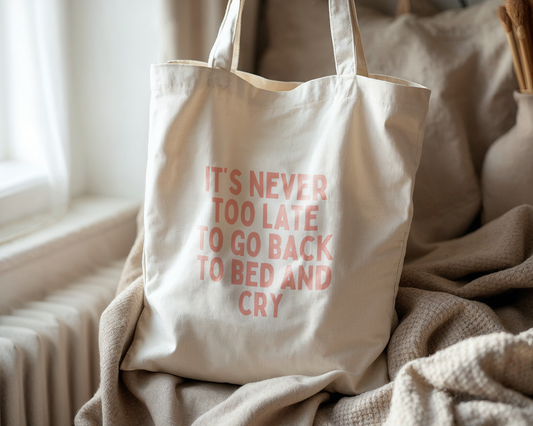 It's Never Too Late To Go Back To Bed | Natural & Peach | Organic Cotton Tote Bag