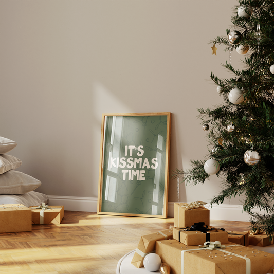 It's Kissmas Time | Cream & Olive Green | Christmas Art Print