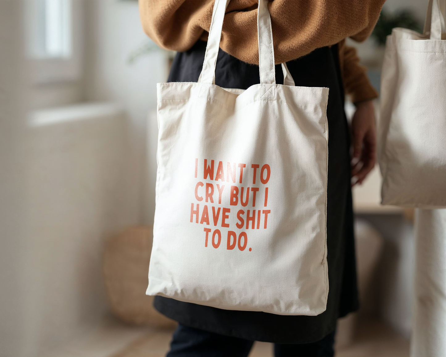 I Want To Cry But I Have Shit To Do | Natural & Coral | Organic Cotton Tote Bag