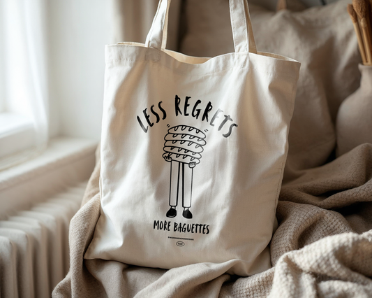 Less Regrets More Baguettes | Natural & Black | Organic Cotton Tote Bag