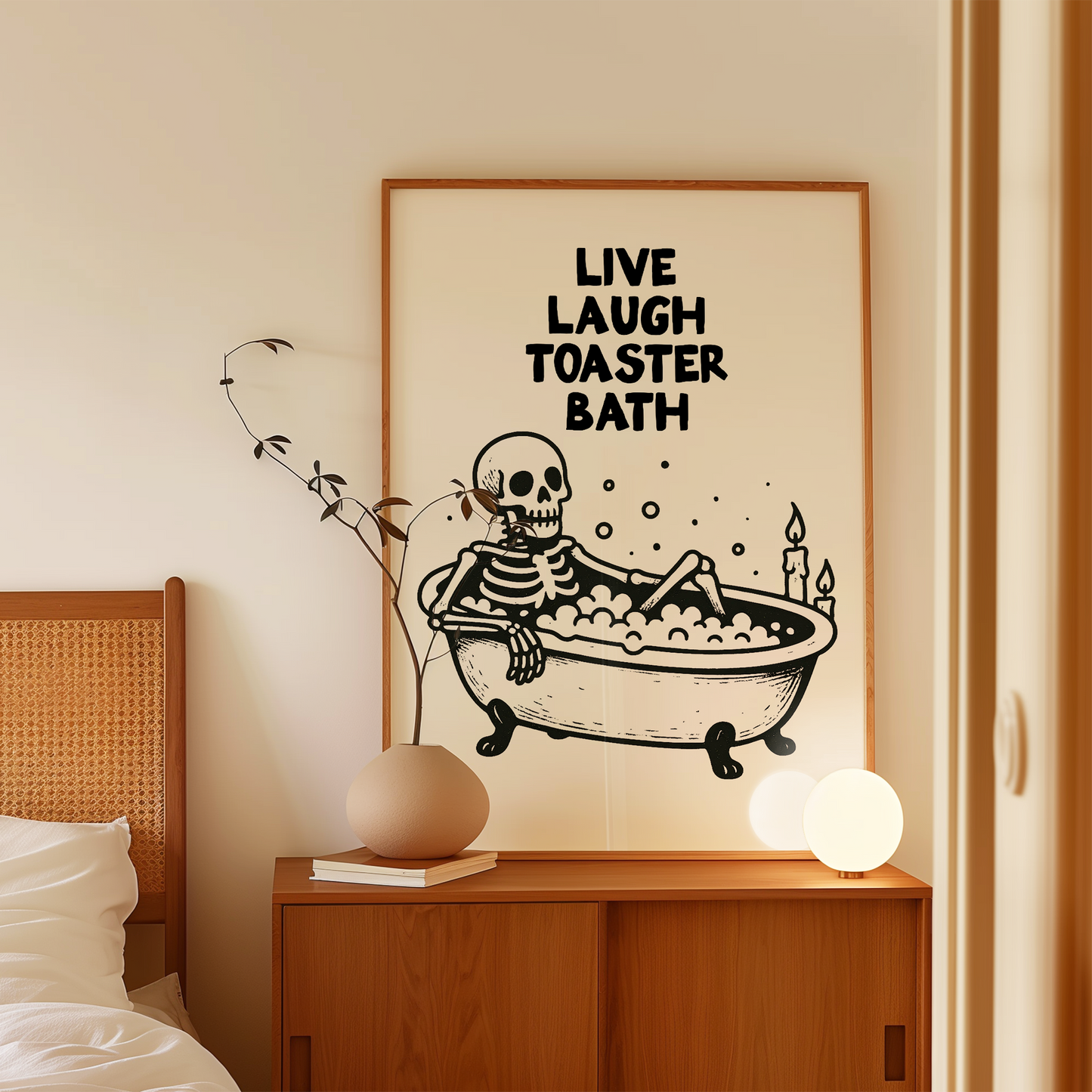 Live Laugh Toaster Bath Skeleton | Black & Cream | Art Print