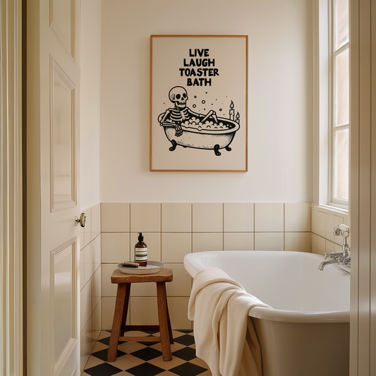 Live Laugh Toaster Bath Skeleton | Black & Cream | Art Print