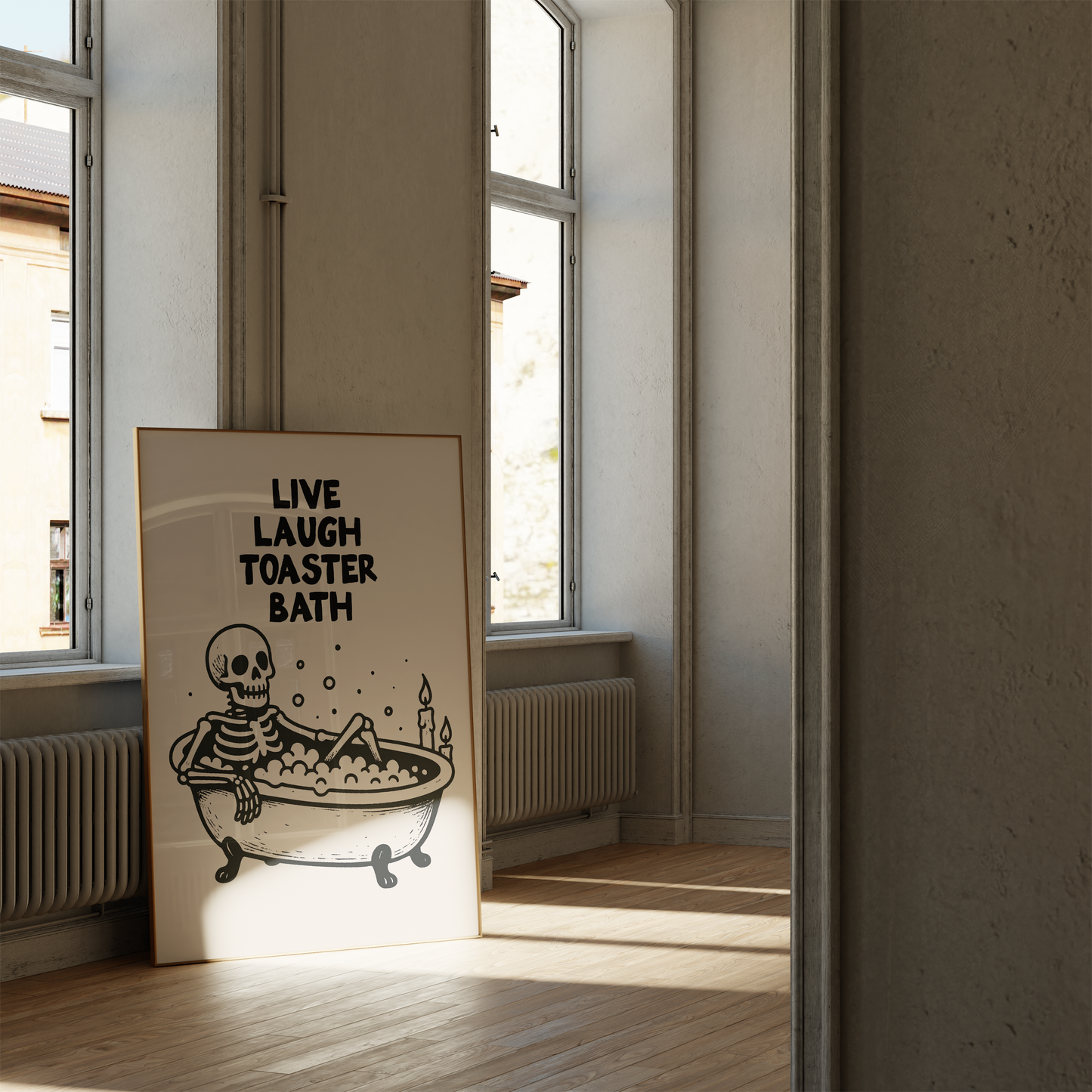 Live Laugh Toaster Bath Skeleton | Black & Cream | Art Print