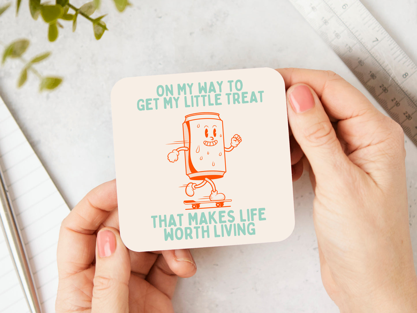 White Coaster | On My Way To Get My Little Treat | Seafoam and Cream | Coaster | Wisdom and Wonder Designs