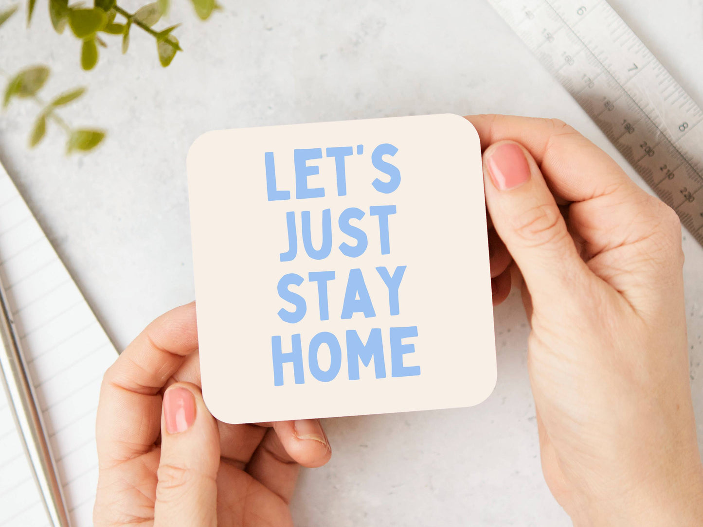 White Coaster | Let's Just Say Home | Cornflower Blue and Cream | Coaster | Wisdom and Wonder Designs