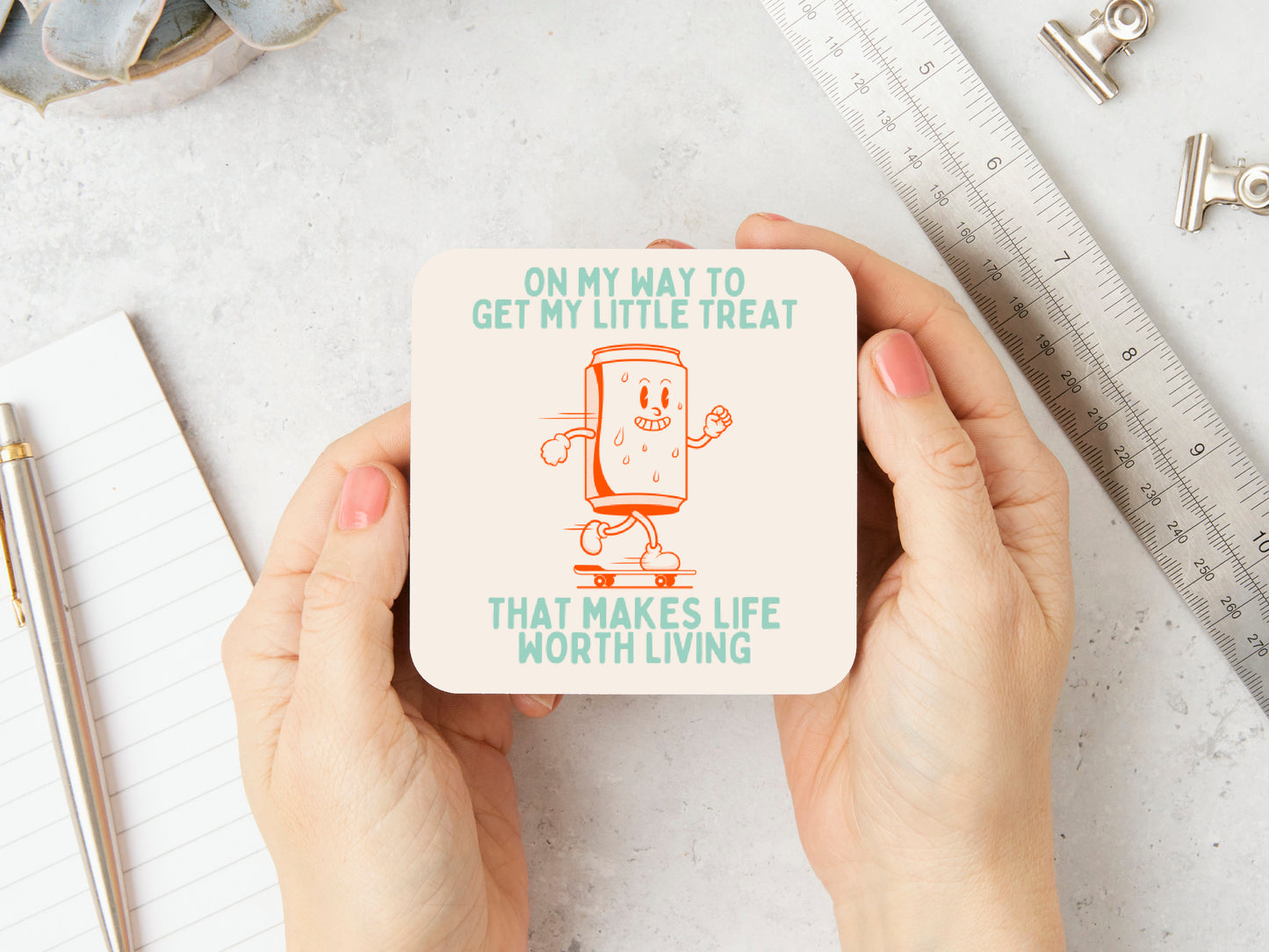 White Coaster | On My Way To Get My Little Treat | Seafoam and Cream | Coaster | Wisdom and Wonder Designs