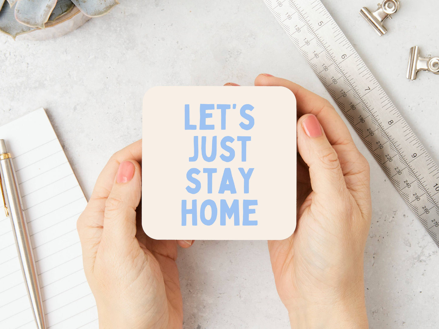 White Coaster | Let's Just Say Home | Cornflower Blue and Cream | Coaster | Wisdom and Wonder Designs