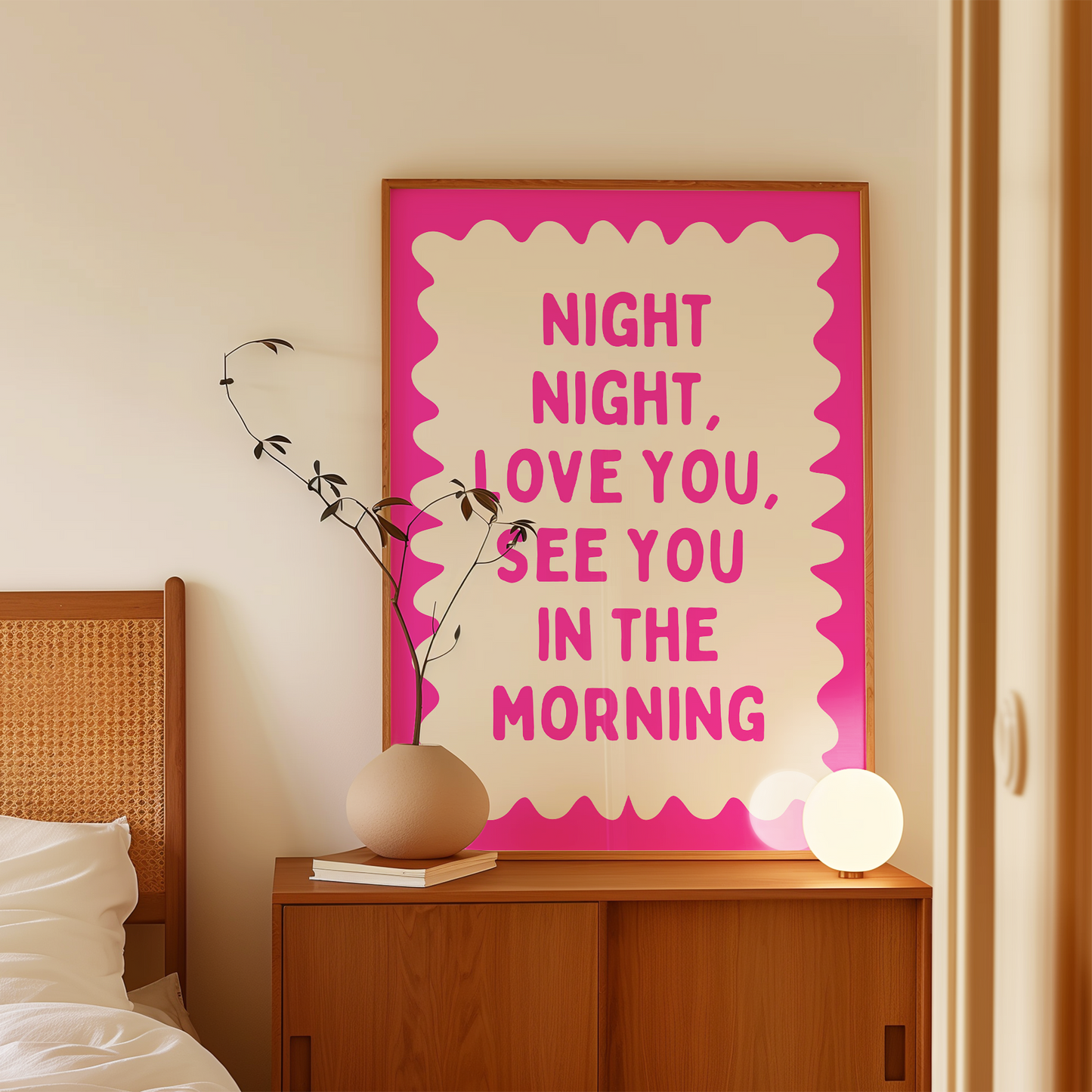 Night Night, Love You | Hot Pink and Cream | Wall Art Print