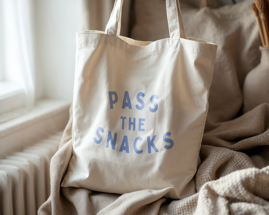 Pass The Snacks | Natural & Cornflower Blue | Organic Cotton Tote Bag