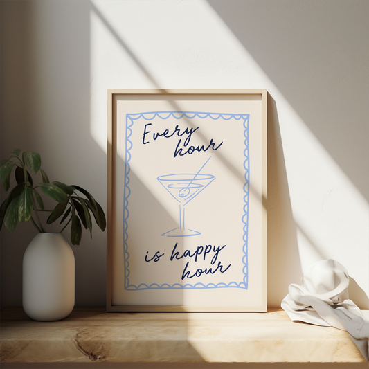 Lustre / A5 Print | Every Hour Is Happy Hour | Cornflower Blue, Navy and Cream | Art Print | Wisdom and Wonder Designs