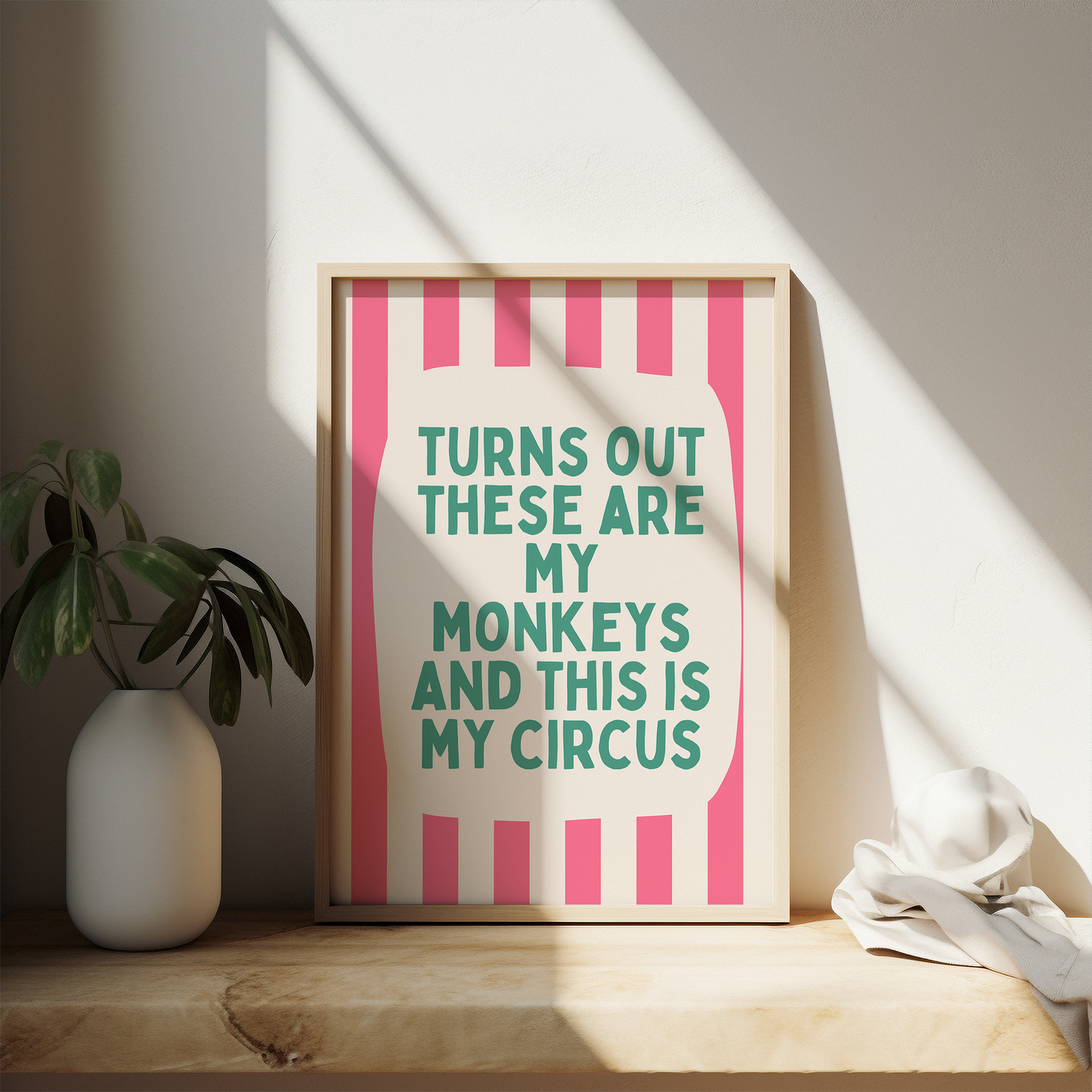 Turns Out These Are My Monkeys | Watermelon and Cream Stripe with Vivid Teal | Art Print