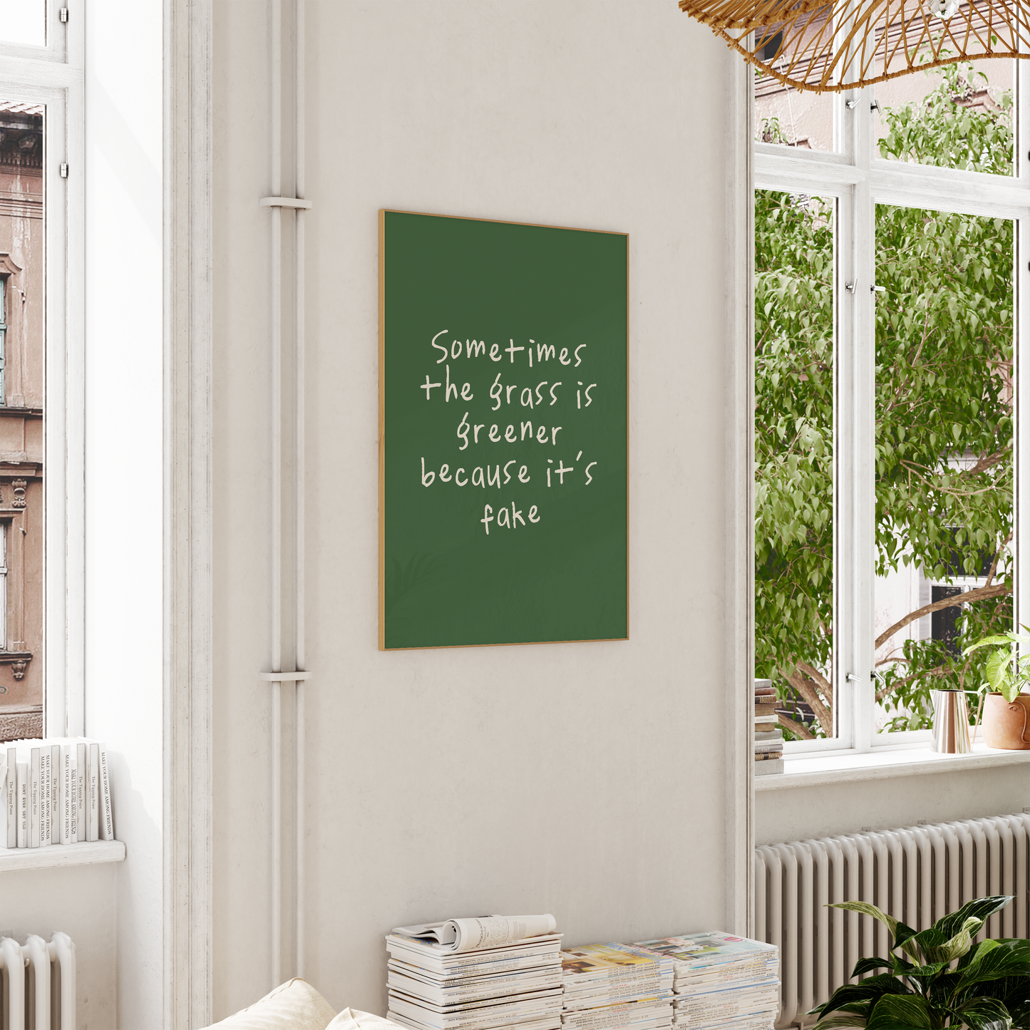 Sometimes The Grass Is Greener Because It's Fake | Cream and Hunter Green | Art Print