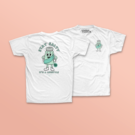 WISDOM & WONDER DESIGNS X POTS UK | Stay Salty | Back Design | Organic Unisex T Shirt