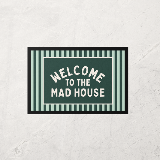 WISDOM & WONDER X HEY WONDER | Welcome To The Mad House | Forest Green & Cream | Indoor Door Mat
