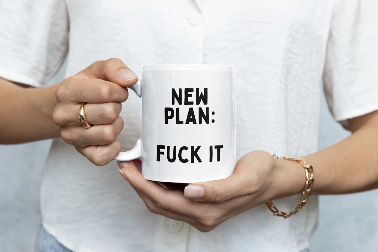Ceramic / White Best Sellers | New Plan: Fuck It | Black | Ceramic Mug | Wisdom and Wonder Designs