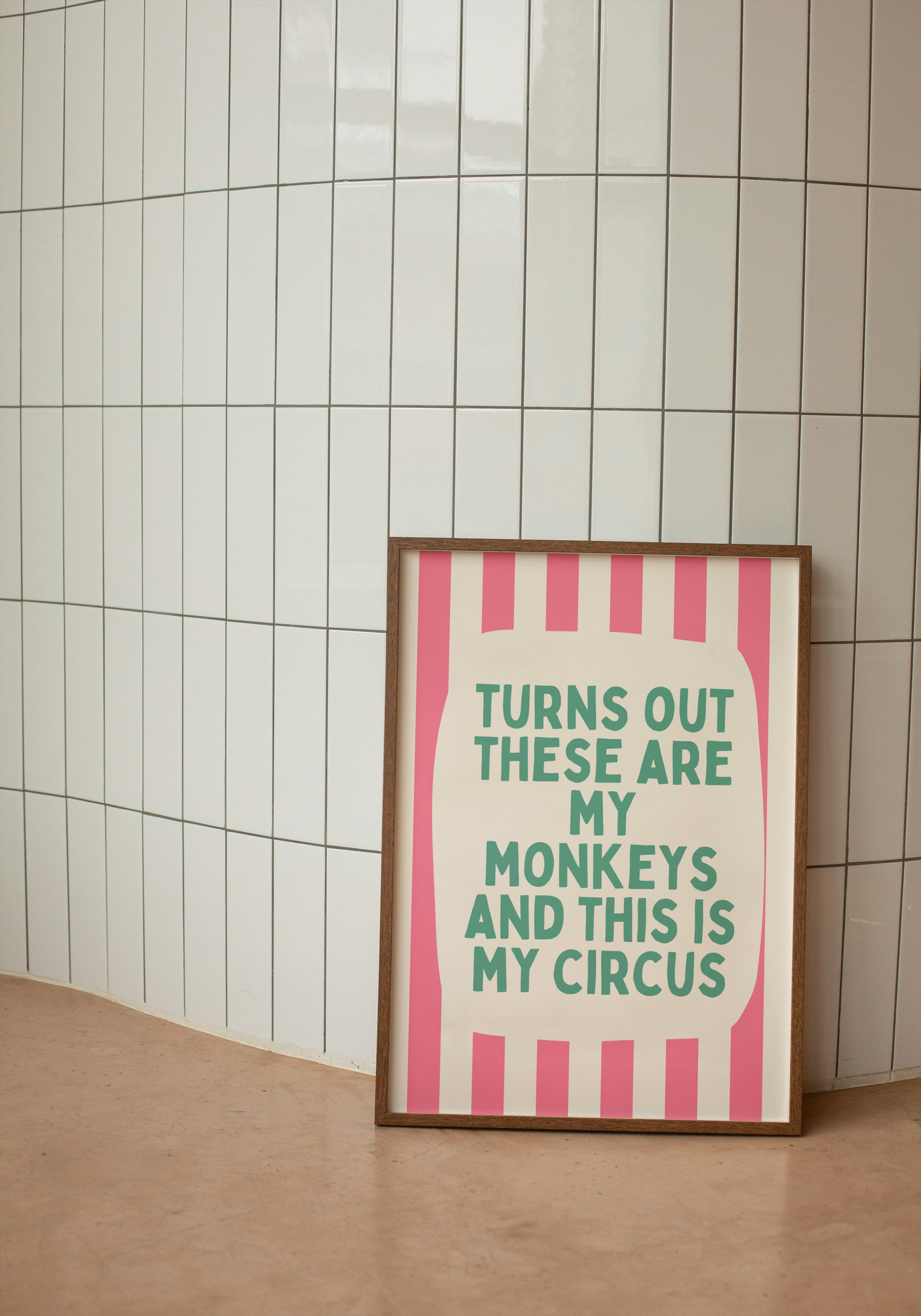 Turns Out These Are My Monkeys | Watermelon and Cream Stripe with Vivid Teal | Art Print