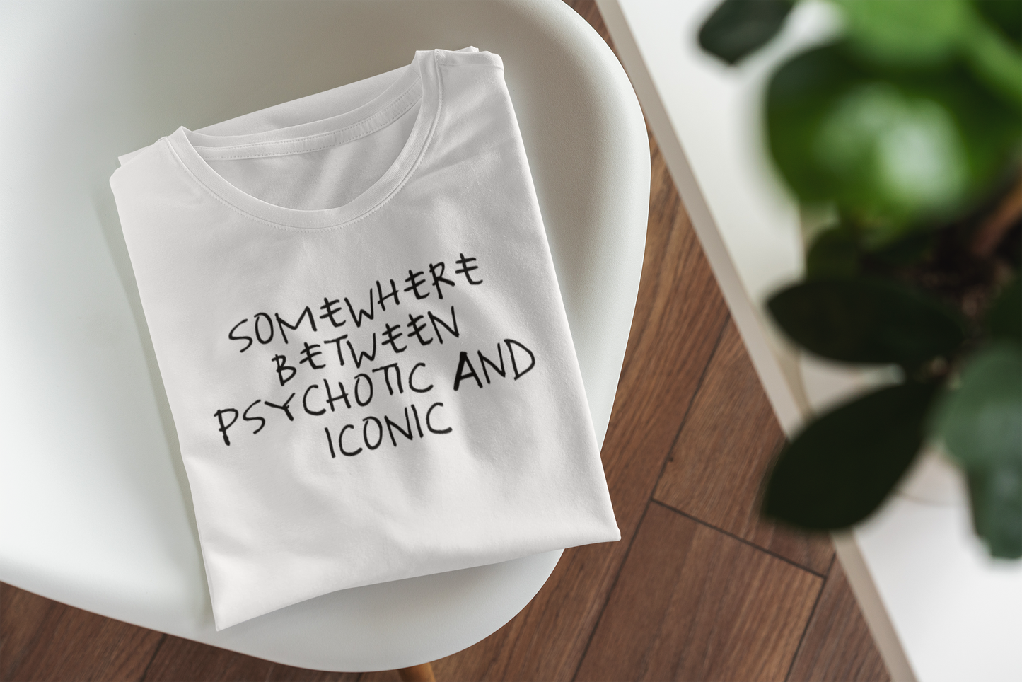 White / XX-Small Product Type | Somewhere Between Psychotic And Iconic | Black Graphic | Organic Unisex T Shirt | Wisdom and Wonder Designs