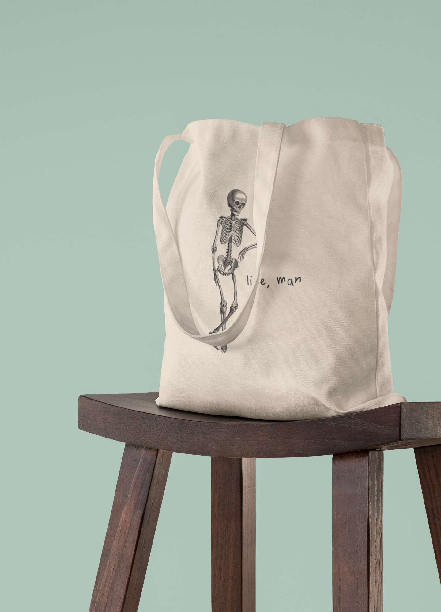 Natural Raw Tote Bag | Life, Man | Black Graphic | Organic Cotton Tote Bag | Wisdom and Wonder Designs