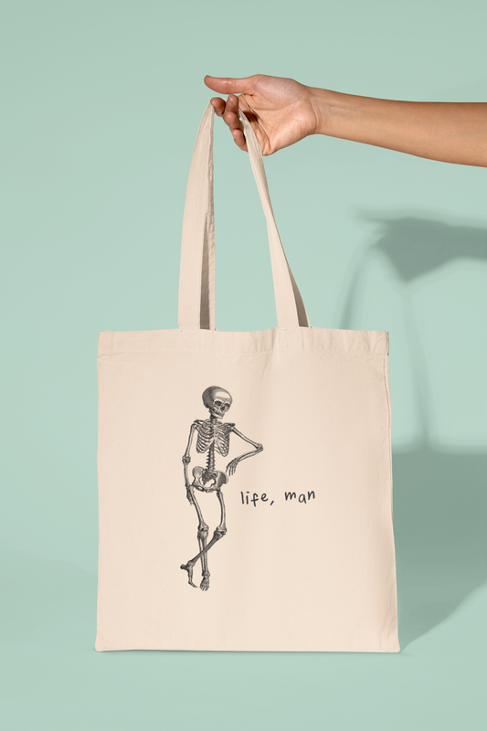 Natural Raw Tote Bag | Life, Man | Black Graphic | Organic Cotton Tote Bag | Wisdom and Wonder Designs