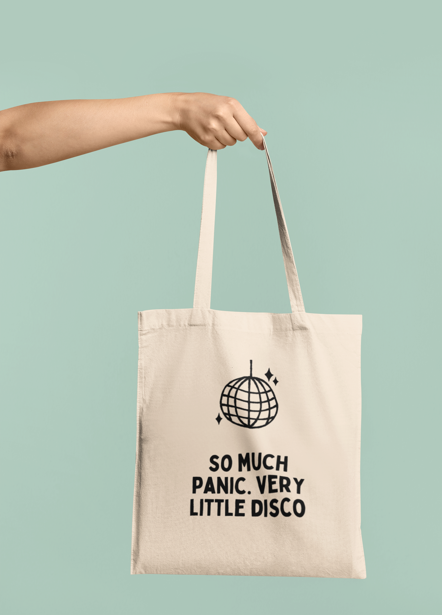 Natural Raw Clothing | So Much Panic. Very Little Disco | Black Graphic | Organic Cotton Tote Bag | Wisdom and Wonder Designs