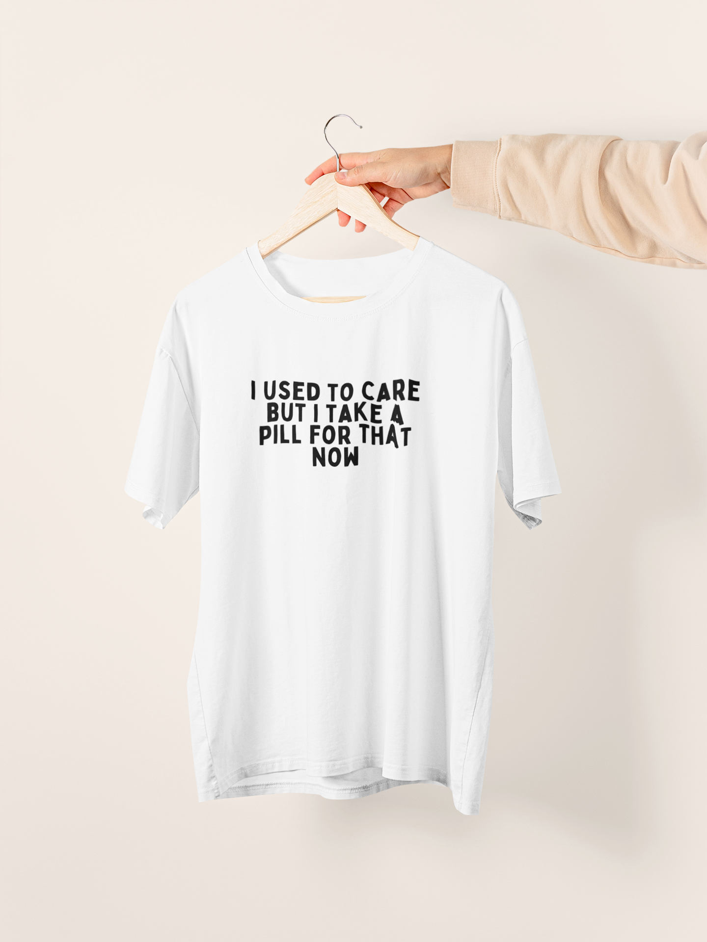 White / XX-Small T Shirt | I Used To Care But Now I Take A Pill For That | Black Graphic | Organic Unisex T Shirt | Wisdom and Wonder Designs