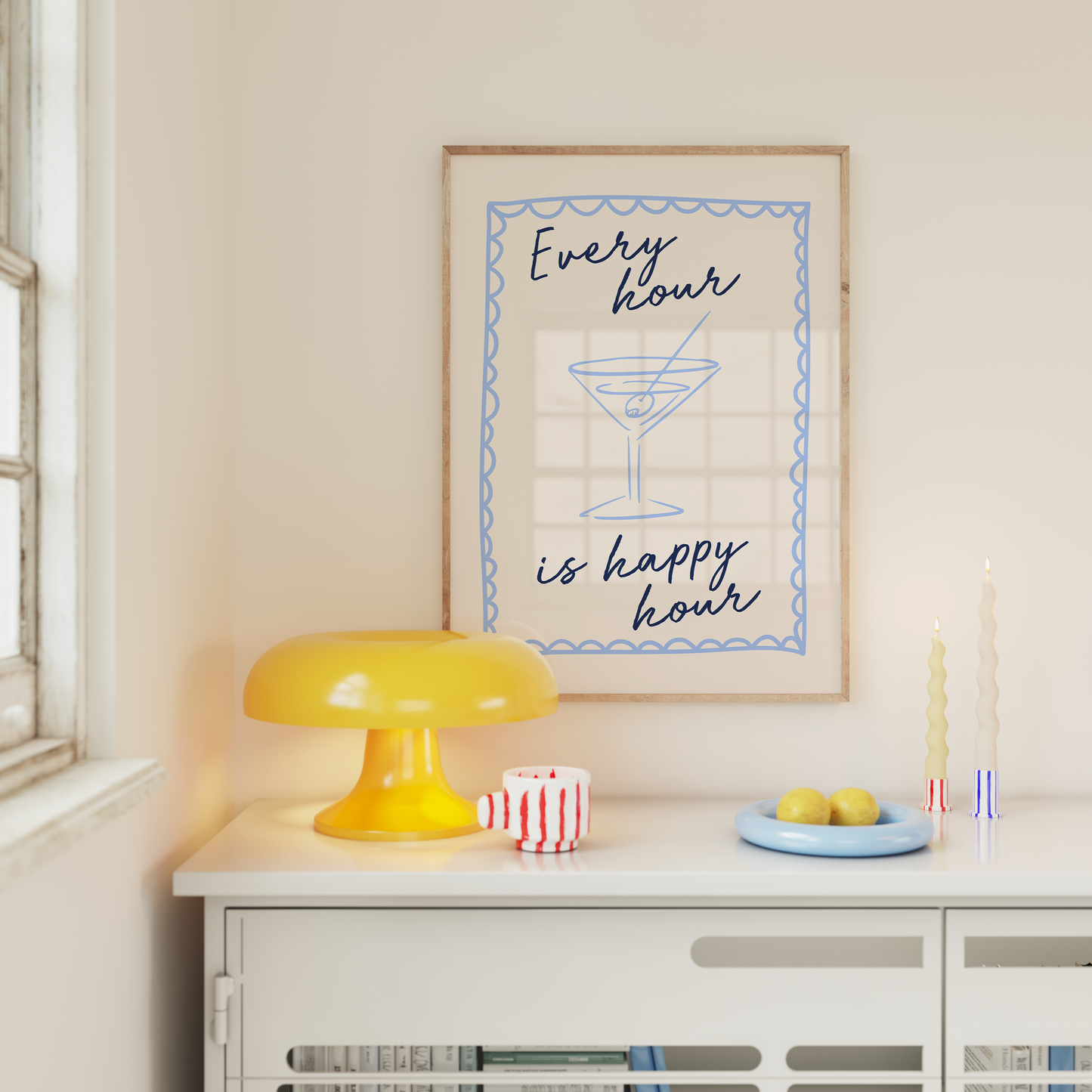 Lustre / A5 Print | Every Hour Is Happy Hour | Cornflower Blue, Navy and Cream | Art Print | Wisdom and Wonder Designs
