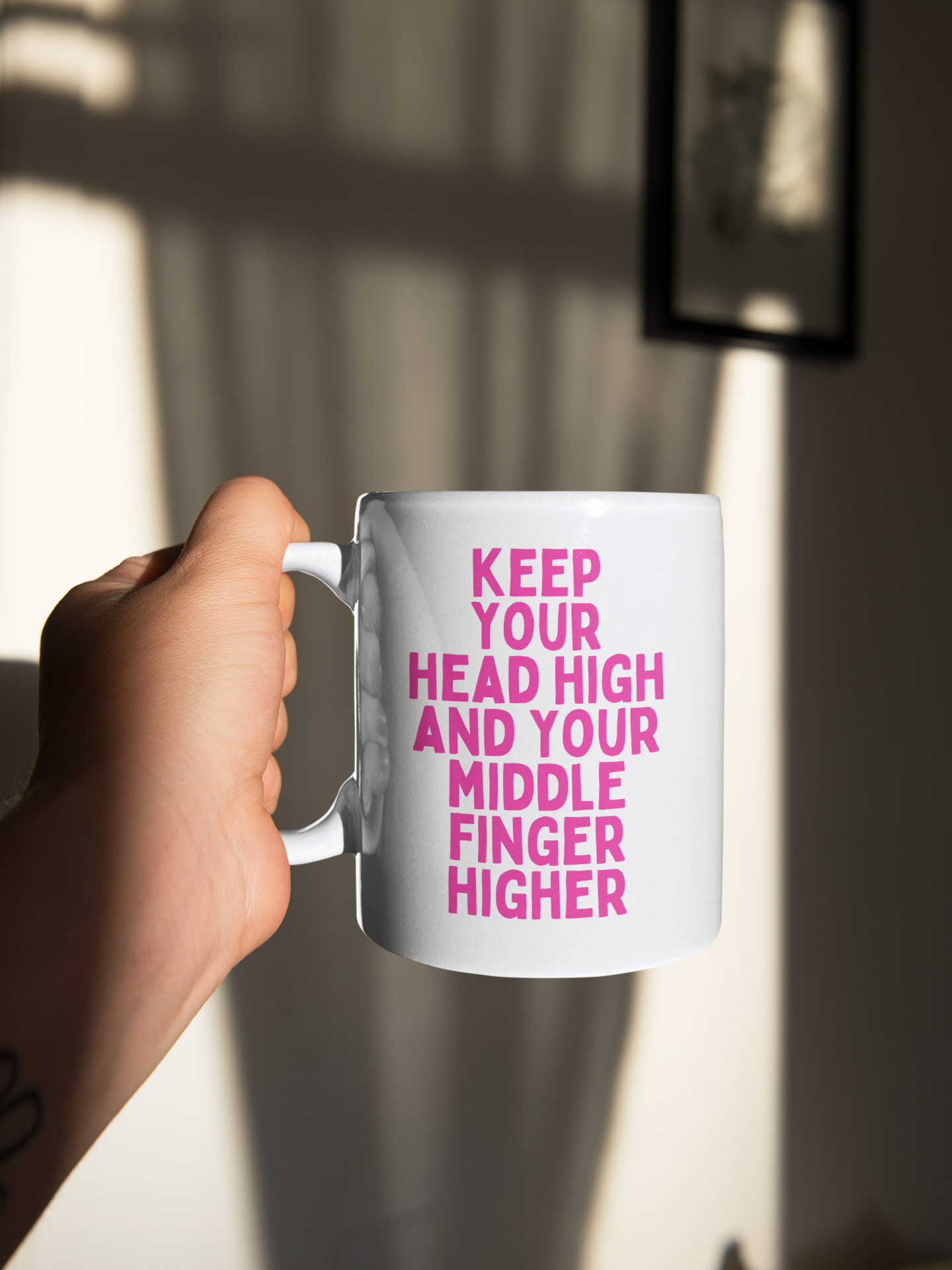 Ceramic / White Mugs | Keep You Head High And Your Middle Finger Higher | Hot Pink | Ceramic Mug | Wisdom and Wonder Designs
