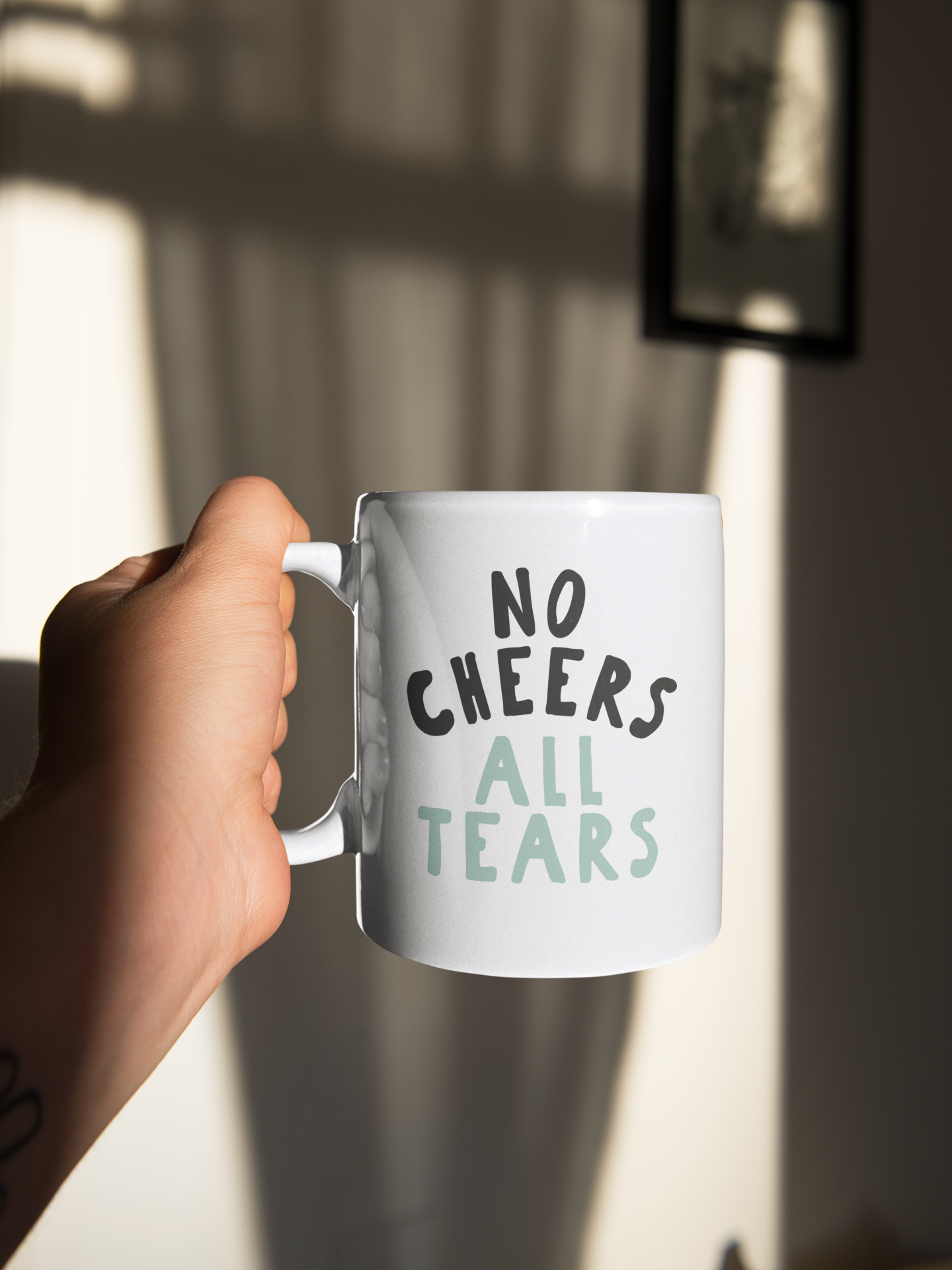 Ceramic / White Mugs | No Cheers All Tears | Charcoal and Seafoam | Ceramic Mug | Wisdom and Wonder Designs