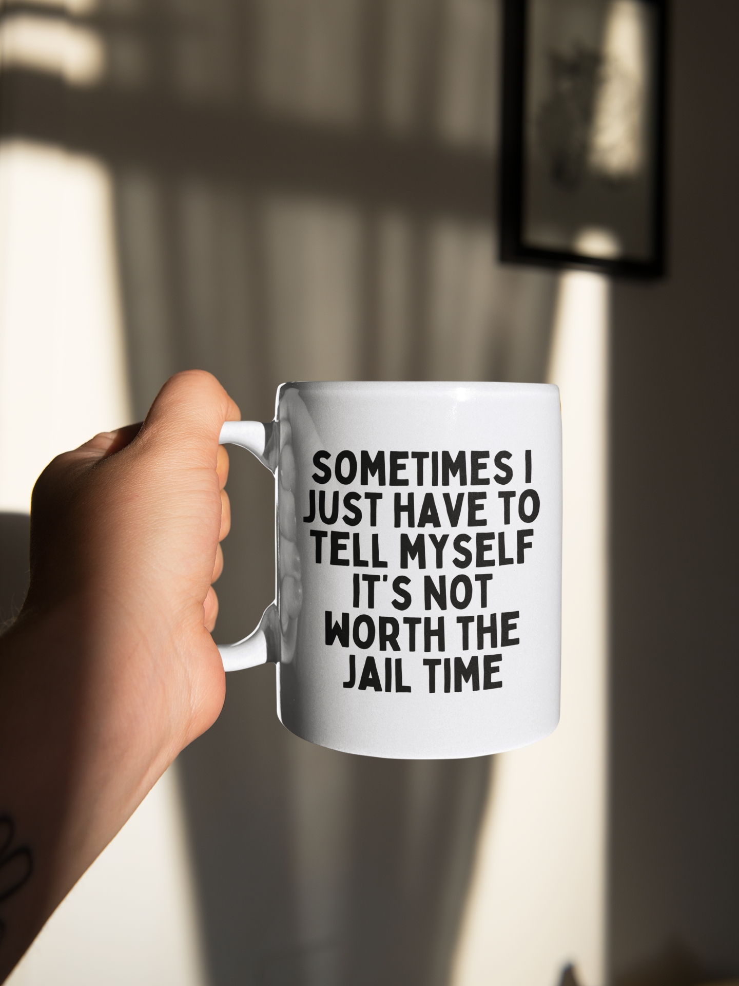Ceramic / White Mugs | Sometimes I Just Have To Tell Myself It's Not Worth The Jail Time | Black | Ceramic Mug | Wisdom and Wonder Designs
