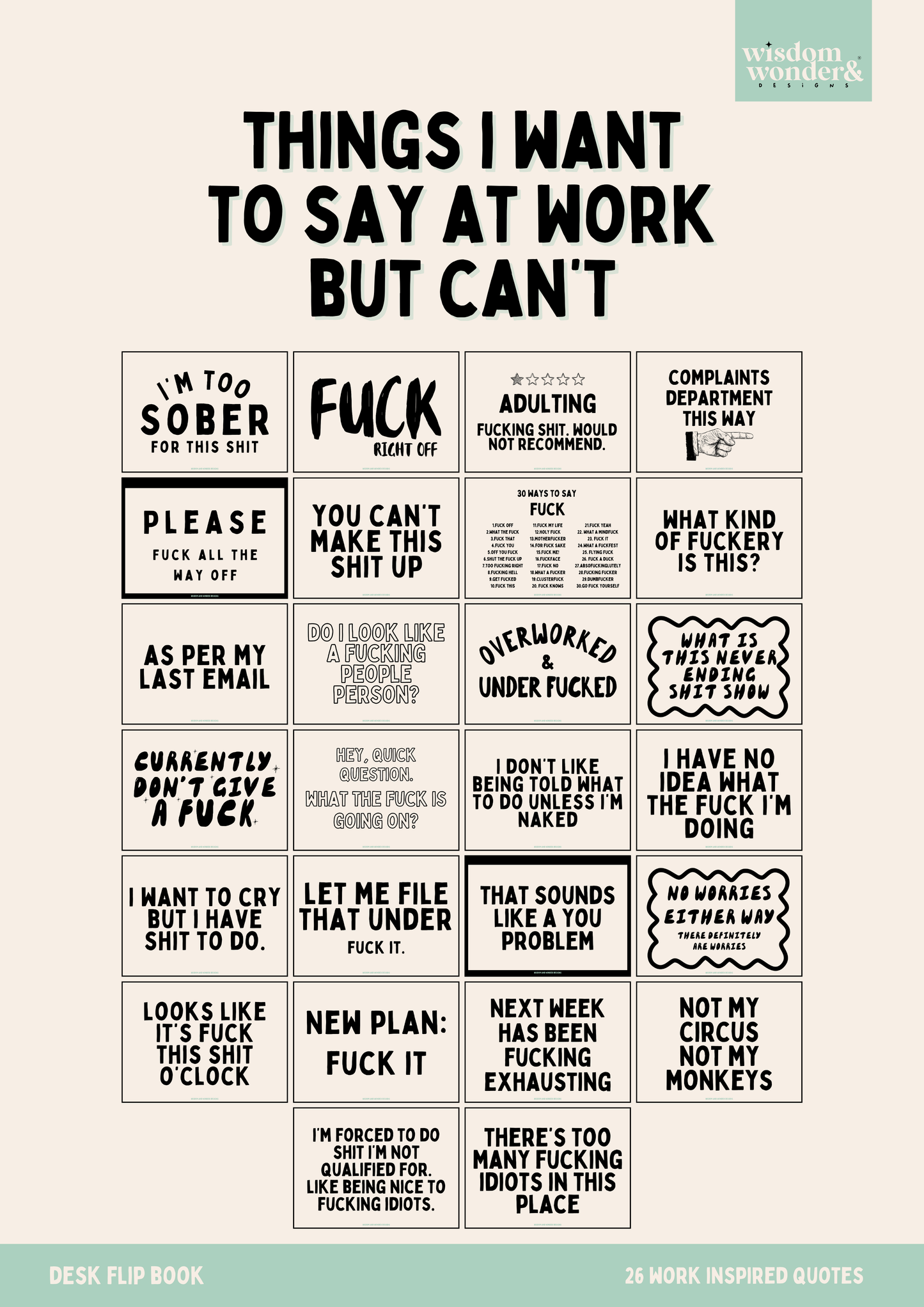 Work Inspired Flip Book | Things I Want To Say At Work But Can't | 26 Work Inspired Prints