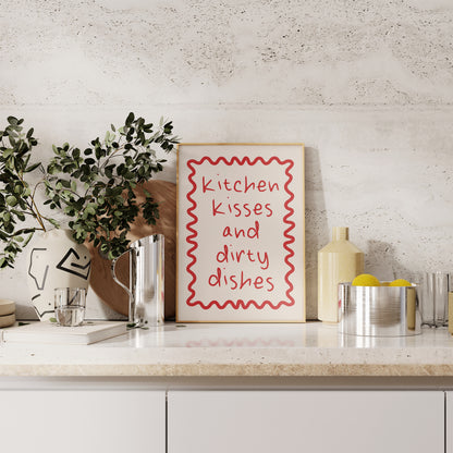 Kitchen Kisses And Dirty Dishes | Red and Cream | Art Print