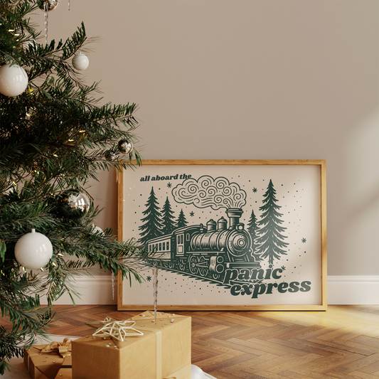All Aboard The Panic Express | Forest Green & Cream | Christmas Art Print