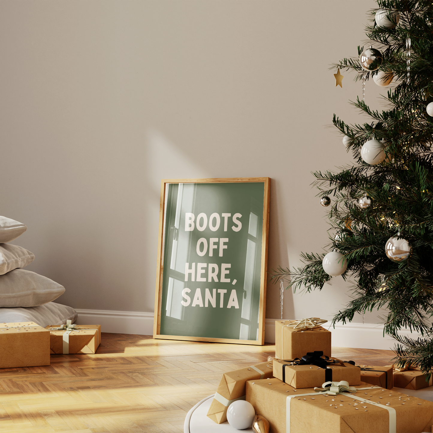 Boots Off Here, Santa | Cream and Olive Green | Christmas Art Print