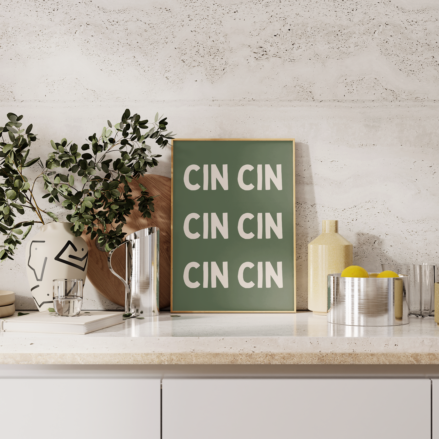 Cin Cin | Cream and Olive Green | Art Print