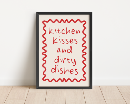 Framed | Kitchen Kisses And Dirty Dishes | Red and Cream | Art Print