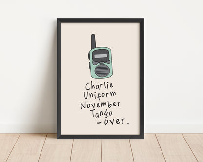 Framed | Charlie Uniform November Tango Over | Blue and Cream Walkie Talkie | Art Print