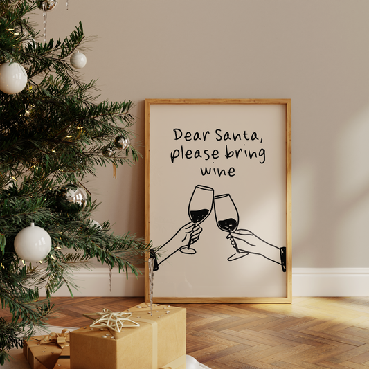 Dear Santa, Please Bring Wine | Black & Cream | Christmas Art Print