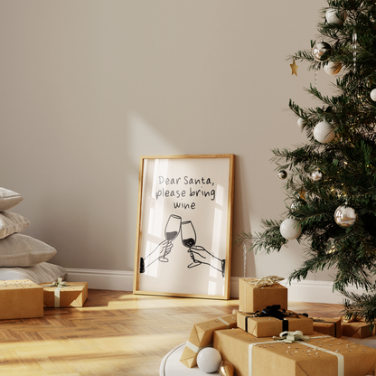 Dear Santa, Please Bring Wine | Black and Cream | Christmas Art Print