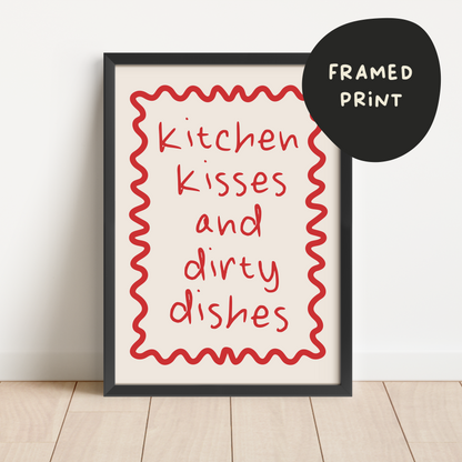 Framed | Kitchen Kisses And Dirty Dishes | Red and Cream | Art Print