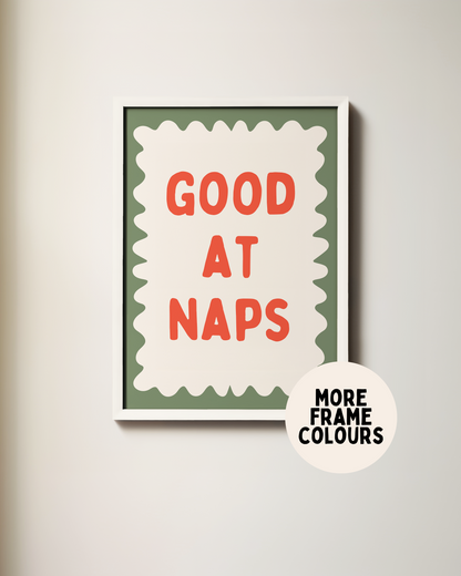 Framed | Goot At Naps | Red and Olive Green | Art Print