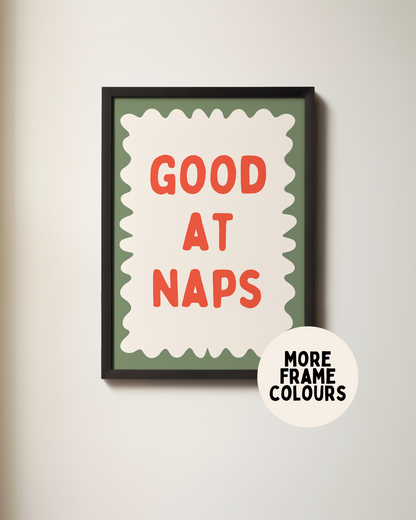 Framed | Goot At Naps | Red and Olive Green | Art Print