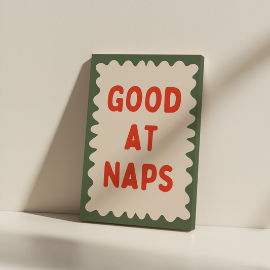 Good At Naps | Red and Olive Green | Canvas