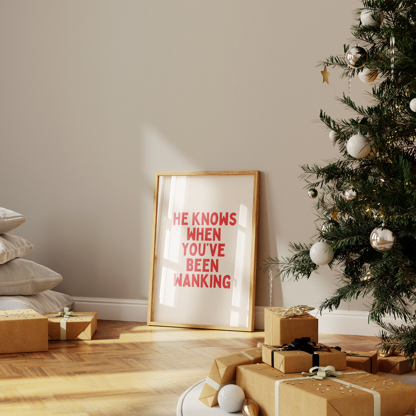 He Knows When You've Been Wanking | Red and Cream | Christmas Art Print